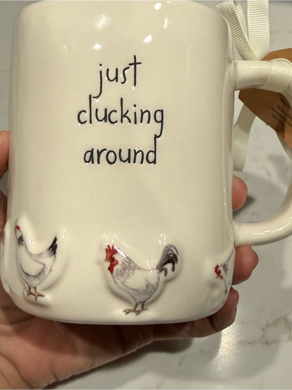 Rae Dunn White Ceramic Mug with Rooster Motif ‘Just Clucking Around’ NWT - Picture 6 of 6